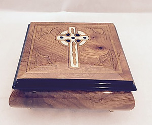 Celtic Cross Inlaid Italian Musical Elm Ring Box