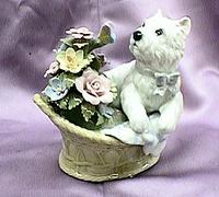 Pup and flowers in basket #49105